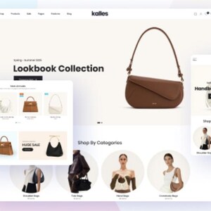 K&ouml;nnte beinhalten: Eine Website, die eine Handtaschenkollektion pr&auml;sentiert, mit einer braunen Leder-Umh&auml;ngetasche. Die Website zeigt den Text "Lookbook Collection" und "Handbag Collection". Weitere Handtaschen werden im Bereich "New Arrivals" mit einem Banner "Sale Off 50%" gezeigt.
