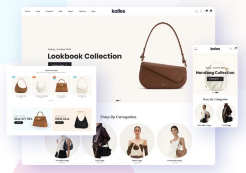 K&ouml;nnte beinhalten: Eine Website, die eine Handtaschenkollektion pr&auml;sentiert, mit einer braunen Leder-Umh&auml;ngetasche. Die Website zeigt den Text "Lookbook Collection" und "Handbag Collection". Weitere Handtaschen werden im Bereich "New Arrivals" mit einem Banner "Sale Off 50%" gezeigt.