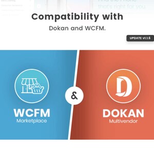 Pu&ograve; includere: Grafica che illustra la compatibilit&agrave; con Dokan e WCFM. L'immagine &egrave; divisa in due sezioni, blu e arancione. La sezione blu presenta un'icona del carrello della spesa e il testo "WCFM Marketplace". La sezione arancione mostra un'icona "D" e il testo "DOKAN Multivendor."