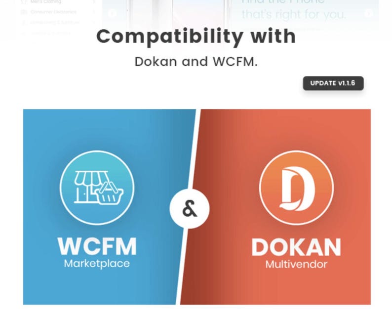 Pu&ograve; includere: Grafica che illustra la compatibilit&agrave; con Dokan e WCFM. L'immagine &egrave; divisa in due sezioni, blu e arancione. La sezione blu presenta un'icona del carrello della spesa e il testo "WCFM Marketplace". La sezione arancione mostra un'icona "D" e il testo "DOKAN Multivendor."