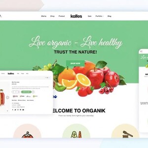K&ouml;nnte beinhalten: Webdesign f&uuml;r eine Bio-Lebensmittelmarke, "kallos", mit einem gr&uuml;nen Header, der den Text "Live organic - Live healthy" und "TRUST THE NATURE!" anzeigt. Das Design zeigt frisches Obst und Gem&uuml;se sowie eine mobile Version der Website.