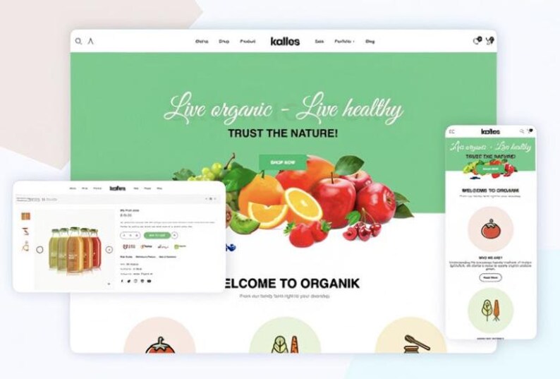 K&ouml;nnte beinhalten: Webdesign f&uuml;r eine Bio-Lebensmittelmarke, "kallos", mit einem gr&uuml;nen Header, der den Text "Live organic - Live healthy" und "TRUST THE NATURE!" anzeigt. Das Design zeigt frisches Obst und Gem&uuml;se sowie eine mobile Version der Website.