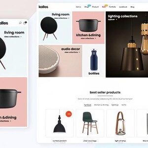 K&ouml;nnte beinhalten: Eine Website-Oberfl&auml;che mit Wohnaccessoires und M&ouml;beln. Zu den Kategorien geh&ouml;ren Wohnzimmer, K&uuml;che & Essen, Audio-Dekor und Flaschen. Die Seite zeigt auch Beleuchtungskollektionen und Bestseller-Produkte, mit einer mobilen Ansicht auf der linken Seite.