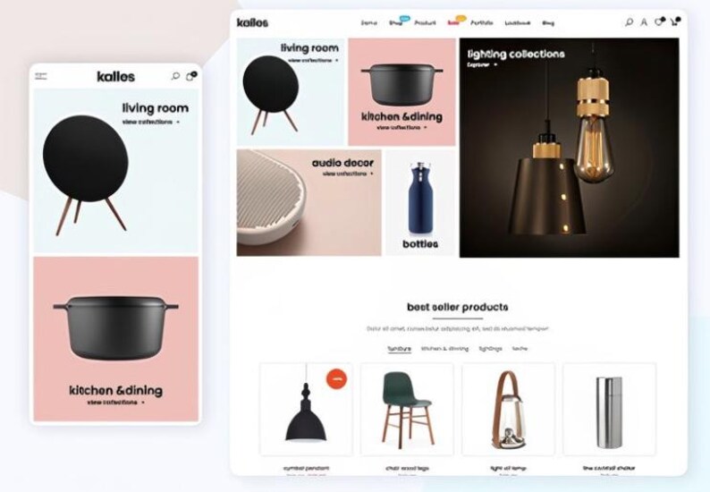 K&ouml;nnte beinhalten: Eine Website-Oberfl&auml;che mit Wohnaccessoires und M&ouml;beln. Zu den Kategorien geh&ouml;ren Wohnzimmer, K&uuml;che & Essen, Audio-Dekor und Flaschen. Die Seite zeigt auch Beleuchtungskollektionen und Bestseller-Produkte, mit einer mobilen Ansicht auf der linken Seite.