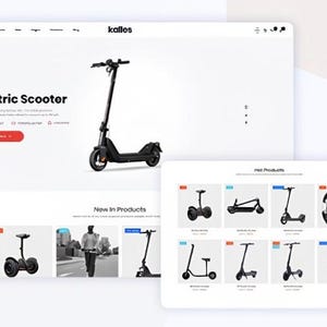 K&ouml;nnte beinhalten: Website-Mockup mit einem schwarzen Elektroroller mit hohem Lenker und schlankem Design. Zus&auml;tzliche Produktbilder zeigen weitere Rollermodelle und einen Helm.