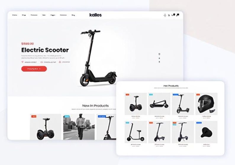 K&ouml;nnte beinhalten: Website-Mockup mit einem schwarzen Elektroroller mit hohem Lenker und schlankem Design. Zus&auml;tzliche Produktbilder zeigen weitere Rollermodelle und einen Helm.