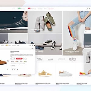K&ouml;nnte beinhalten: Eine Website mit verschiedenen Schuhoptionen, darunter Sneaker, Loafer und Sandalen. Die Seite zeigt Produktbilder, einige davon mit Schuhen an Modellen. Die Farbpalette umfasst Schwarz, Wei&szlig;, Braun und Gr&uuml;n.