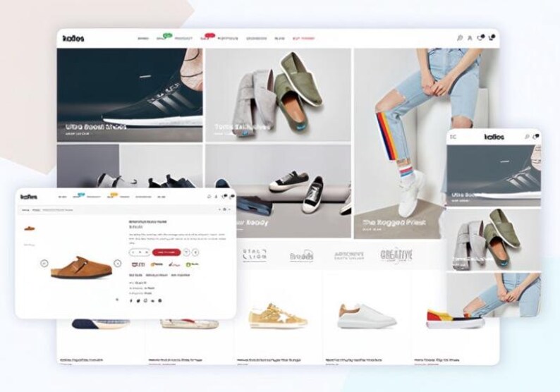 K&ouml;nnte beinhalten: Eine Website mit verschiedenen Schuhoptionen, darunter Sneaker, Loafer und Sandalen. Die Seite zeigt Produktbilder, einige davon mit Schuhen an Modellen. Die Farbpalette umfasst Schwarz, Wei&szlig;, Braun und Gr&uuml;n.