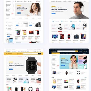 May include: Four website mockups showcasing electronics. The top left features a woman with a phone, text reading "Enhance Your Entertainment." Other mockups display headphones, smartwatches, laptops, and smartphones. The website name is "machic."