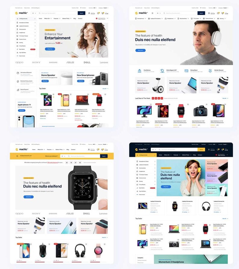 May include: Four website mockups showcasing electronics. The top left features a woman with a phone, text reading "Enhance Your Entertainment." Other mockups display headphones, smartwatches, laptops, and smartphones. The website name is "machic."