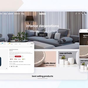 K&ouml;nnte beinhalten: Eine Website, die Inneneinrichtungen pr&auml;sentiert und M&ouml;bel und Wohnaccessoires hervorhebt. Die Seite zeigt ein modernes Design mit Bildern von Sofas, Beleuchtung und Dekorationsartikeln. Eine mobile Ansicht zeigt Neuheiten und Audio-Dekor.