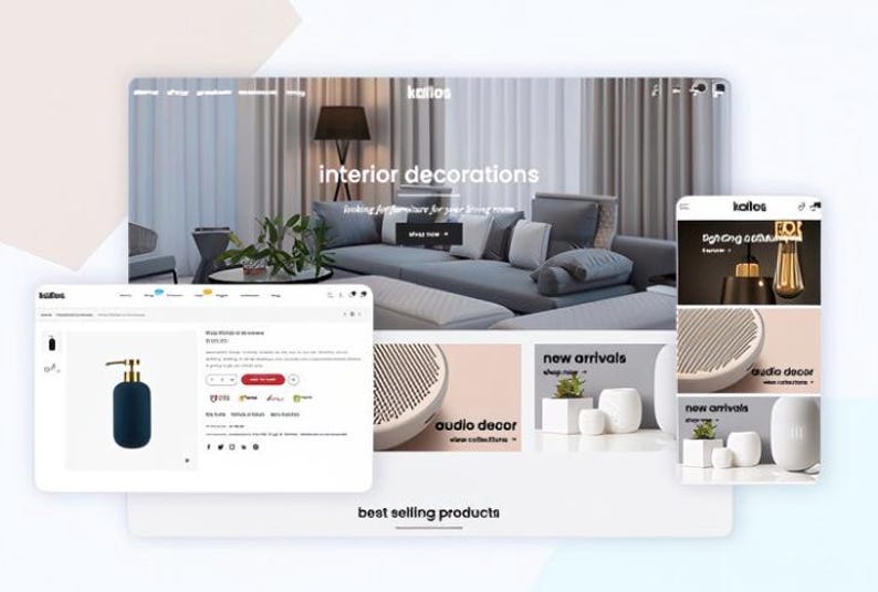 K&ouml;nnte beinhalten: Eine Website, die Inneneinrichtungen pr&auml;sentiert und M&ouml;bel und Wohnaccessoires hervorhebt. Die Seite zeigt ein modernes Design mit Bildern von Sofas, Beleuchtung und Dekorationsartikeln. Eine mobile Ansicht zeigt Neuheiten und Audio-Dekor.