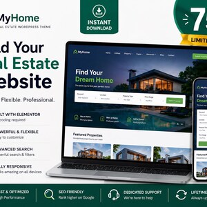 May include: A digital advertisement for the MyHome real estate WordPress theme, featuring a laptop and smartphone displaying a website interface with property listings, search bars, and text promoting features like Elementor integration.