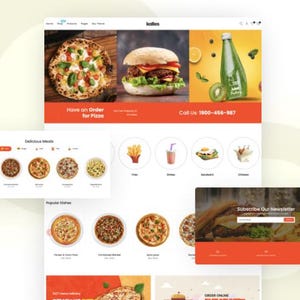 K&ouml;nnte beinhalten: Ein Website-Design, das einen Essenslieferdienst pr&auml;sentiert. Das obere Banner zeigt eine Pizza, einen Burger und eine gr&uuml;ne Saftflasche. Weitere Abschnitte zeigen verschiedene Mahlzeiten, darunter Pizzen, Pommes Frites und Sandwiches. Die Website enth&auml;lt den Text "Have an Order for Pizza" und eine Telefonnummer.