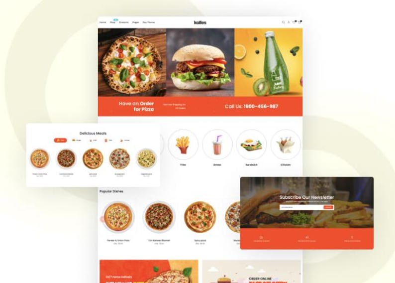 K&ouml;nnte beinhalten: Ein Website-Design, das einen Essenslieferdienst pr&auml;sentiert. Das obere Banner zeigt eine Pizza, einen Burger und eine gr&uuml;ne Saftflasche. Weitere Abschnitte zeigen verschiedene Mahlzeiten, darunter Pizzen, Pommes Frites und Sandwiches. Die Website enth&auml;lt den Text "Have an Order for Pizza" und eine Telefonnummer.