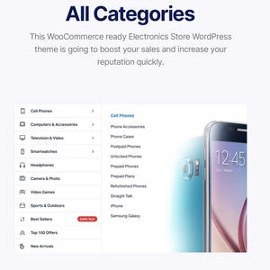 May include: Screenshot of an e-commerce website with the title "All Categories." The site lists various electronics categories, including cell phones, computers, and smartwatches. A smartphone is visible on the right side of the image.