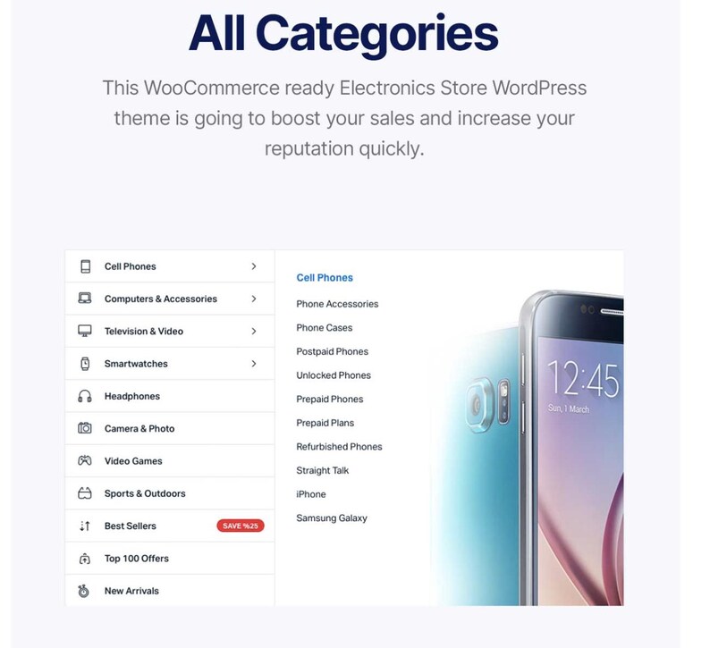 May include: Screenshot of an e-commerce website with the title "All Categories." The site lists various electronics categories, including cell phones, computers, and smartwatches. A smartphone is visible on the right side of the image.