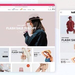 K&ouml;nnte beinhalten: Website- und mobile App-Oberfl&auml;che, die einen Mode-Flash-Sale pr&auml;sentiert. Die Website zeigt eine Frau mit Hut, mit dem Text "FLASH SALE 70% OFF". Die mobile App zeigt Artikel im Angebot und den Text "SHOP WOMEN FLASH SALE."