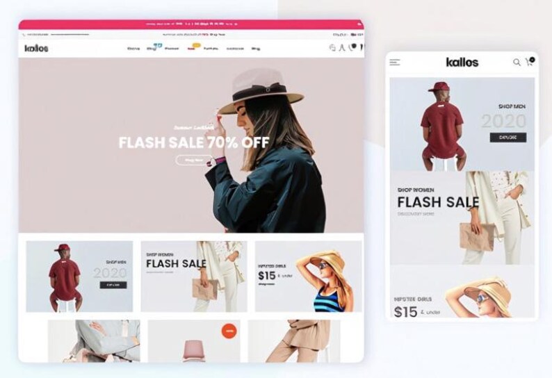 K&ouml;nnte beinhalten: Website- und mobile App-Oberfl&auml;che, die einen Mode-Flash-Sale pr&auml;sentiert. Die Website zeigt eine Frau mit Hut, mit dem Text "FLASH SALE 70% OFF". Die mobile App zeigt Artikel im Angebot und den Text "SHOP WOMEN FLASH SALE."