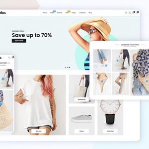 K&ouml;nnte beinhalten: Ein Website-Design, das einen Sommerschlussverkauf mit dem Text &bdquo;Save up to 70 %&ldquo; und Produktbildern zeigt. Die Website wird auf einem Desktop, Tablet und Mobilger&auml;t angezeigt. Die Website bietet Kleidung und Accessoires.
