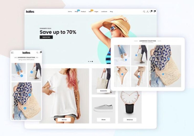 K&ouml;nnte beinhalten: Ein Website-Design, das einen Sommerschlussverkauf mit dem Text &bdquo;Save up to 70 %&ldquo; und Produktbildern zeigt. Die Website wird auf einem Desktop, Tablet und Mobilger&auml;t angezeigt. Die Website bietet Kleidung und Accessoires.