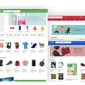Pu&ograve; includere: Vengono visualizzate pi&ugrave; pagine web, che mostrano una variet&agrave; di prodotti. Le pagine presentano articoli come elettronica, abbigliamento e accessori. Ogni pagina ha una combinazione di colori e un layout di prodotto distinti, con una barra di ricerca e categorie di prodotti.
