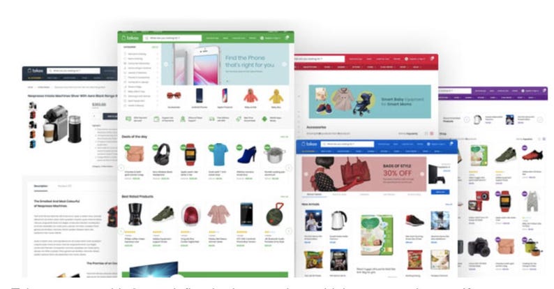 Pu&ograve; includere: Vengono visualizzate pi&ugrave; pagine web, che mostrano una variet&agrave; di prodotti. Le pagine presentano articoli come elettronica, abbigliamento e accessori. Ogni pagina ha una combinazione di colori e un layout di prodotto distinti, con una barra di ricerca e categorie di prodotti.