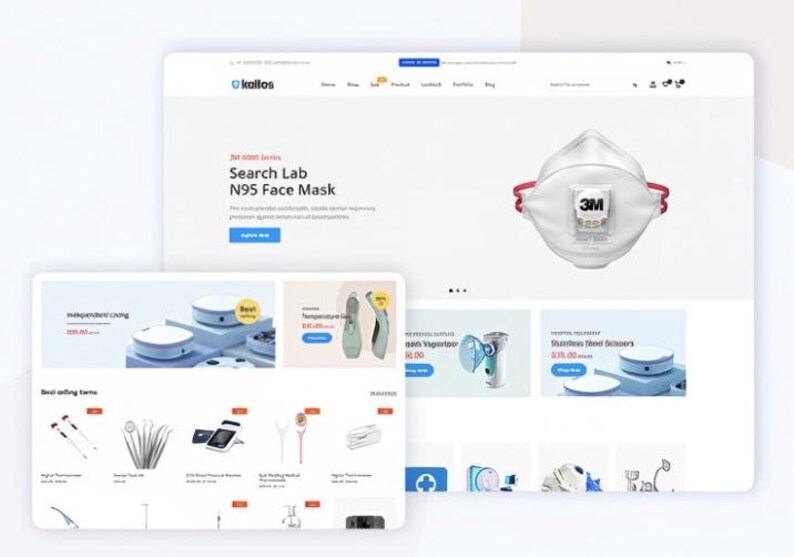 K&ouml;nnte beinhalten: Eine Website mit medizinischen Ger&auml;ten und Zubeh&ouml;r. Die Homepage zeigt eine N95-Gesichtsmaske mit dem 3M-Logo. Weitere Bereiche zeigen verschiedene Produkte. Die Website hat ein klares Design, das sich auf medizinische und Laborprodukte konzentriert.