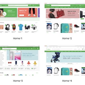 Pu&ograve; includere: Quattro schermate della home page del sito web. La prima mostra offerte e promozioni per il ritorno a scuola. La seconda presenta borse e una console di gioco. La terza evidenzia i telefoni. La quarta promuove prodotti per bambini.
