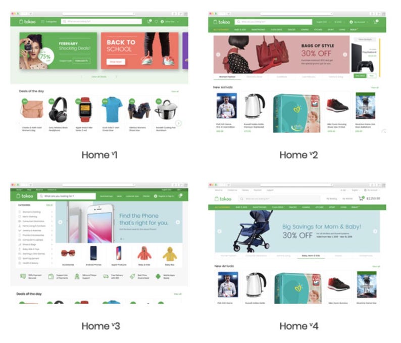Pu&ograve; includere: Quattro schermate della home page del sito web. La prima mostra offerte e promozioni per il ritorno a scuola. La seconda presenta borse e una console di gioco. La terza evidenzia i telefoni. La quarta promuove prodotti per bambini.