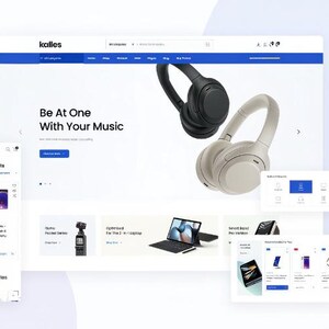 K&ouml;nnte beinhalten: Ein Website-Mockup mit dem Text "Be At One With Your Music" und dem Markennamen "kalles". Das Bild zeigt ein Paar kabelloser Kopfh&ouml;rer, einen schwarzen und einen cremefarbenen, sowie verschiedene Produktanzeigen.
