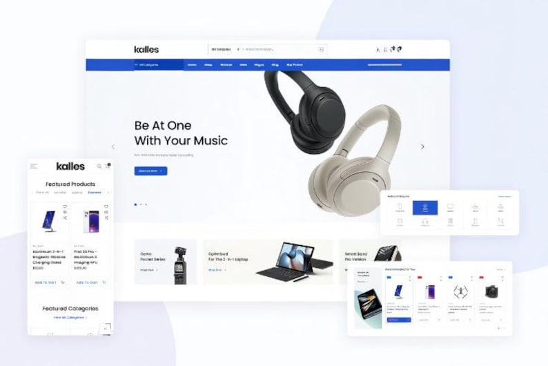 K&ouml;nnte beinhalten: Ein Website-Mockup mit dem Text "Be At One With Your Music" und dem Markennamen "kalles". Das Bild zeigt ein Paar kabelloser Kopfh&ouml;rer, einen schwarzen und einen cremefarbenen, sowie verschiedene Produktanzeigen.