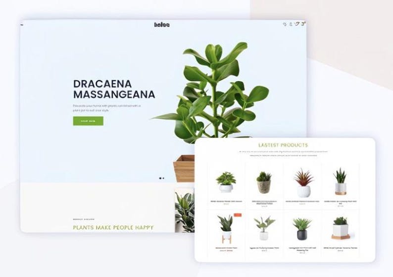 K&ouml;nnte beinhalten: Webdesign mit einer Dracaena Massangeana Pflanze mit gr&uuml;nen Bl&auml;ttern. Die Website zeigt eine Auswahl an Topfpflanzen mit dem Text "PLANTS MAKE PEOPLE HAPPY".