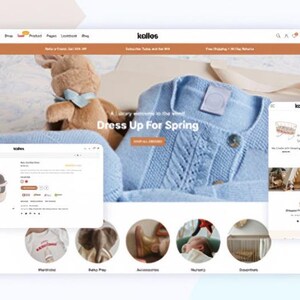 K&ouml;nnte beinhalten: Eine Website-Oberfl&auml;che mit Babykleidung und Accessoires. Das Hauptbild zeigt eine hellblaue Strickjacke mit einem Knopf. Weitere Bilder zeigen Babyschuhe, einen Stoffhasen und eine Handy-Oberfl&auml;che. Das Thema der Website lautet "Dress Up For Spring".