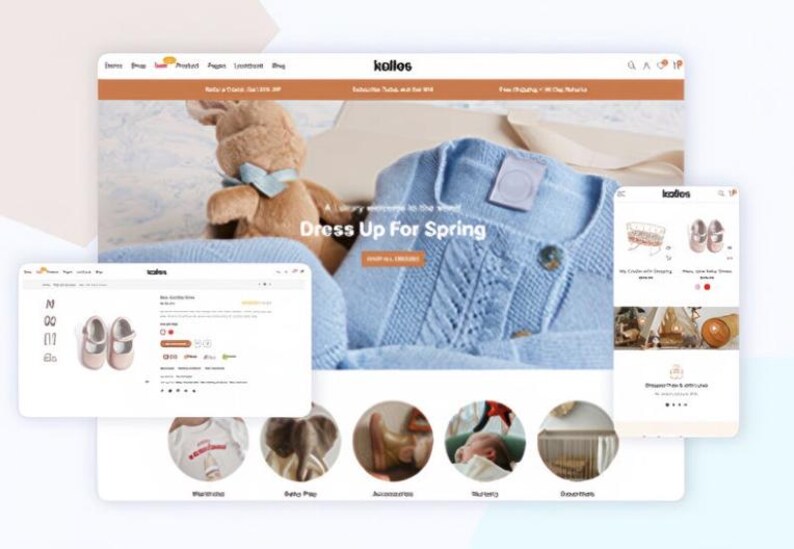 K&ouml;nnte beinhalten: Eine Website-Oberfl&auml;che mit Babykleidung und Accessoires. Das Hauptbild zeigt eine hellblaue Strickjacke mit einem Knopf. Weitere Bilder zeigen Babyschuhe, einen Stoffhasen und eine Handy-Oberfl&auml;che. Das Thema der Website lautet "Dress Up For Spring".