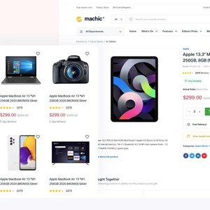 May include: A webpage showcasing electronics, including a laptop, camera, tablet, and smartphone. The Apple MacBook Air 13" M1 is featured, along with other products. The website's logo is visible at the top. The price of the Apple MacBook Air is $299.00.