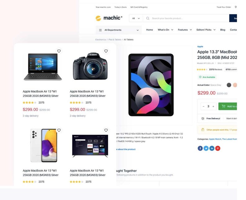 May include: A webpage showcasing electronics, including a laptop, camera, tablet, and smartphone. The Apple MacBook Air 13" M1 is featured, along with other products. The website's logo is visible at the top. The price of the Apple MacBook Air is $299.00.