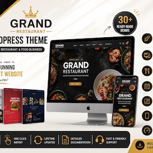 May include: A digital marketing graphic for the Grand Restaurant WordPress theme, featuring a desktop monitor and smartphone displaying a restaurant website. The layout includes text highlights like 75% off, 30+ ready-made demos, and a list of features including online food ordering, table booking, and an elementor page builder.