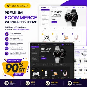 Può includere: Un design di sito web che mostra un tema WordPress e-commerce. Il design presenta un tema scuro con esposizioni di prodotti, tra cui smartwatch, controller di gioco e cuffie. Il testo include "THE NEW STANDARD" e "90% OFF" con una call to action.