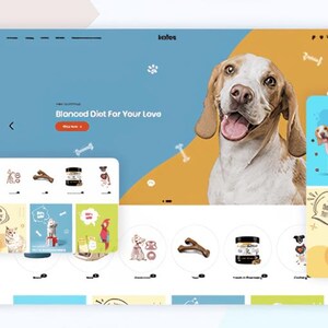K&ouml;nnte beinhalten: Webdesign f&uuml;r Hundefutter mit einem Beagle. Die Seite enth&auml;lt Produktbilder, den Text "Blonood Diet For Your Love" und Illustrationen von Knochen und Pfotenabdr&uuml;cken.