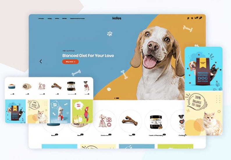 K&ouml;nnte beinhalten: Webdesign f&uuml;r Hundefutter mit einem Beagle. Die Seite enth&auml;lt Produktbilder, den Text "Blonood Diet For Your Love" und Illustrationen von Knochen und Pfotenabdr&uuml;cken.