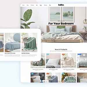 K&ouml;nnte beinhalten: Eine Website mit Schlafzimmertextilien, darunter Decken und Bettw&auml;sche. Das Hauptbild zeigt ein Bett mit einer blauen Decke und Kissen. Zus&auml;tzliche Produktbilder zeigen verschiedene Deckenmuster und -farben, mit dem Text "For Your Bedroom".
