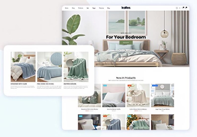 K&ouml;nnte beinhalten: Eine Website mit Schlafzimmertextilien, darunter Decken und Bettw&auml;sche. Das Hauptbild zeigt ein Bett mit einer blauen Decke und Kissen. Zus&auml;tzliche Produktbilder zeigen verschiedene Deckenmuster und -farben, mit dem Text "For Your Bedroom".