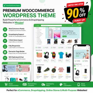 Pu&ograve; includere: Grafica promozionale per un tema WordPress WooCommerce premium. Il design presenta mockup di siti Web su un laptop e uno smartphone, mostrando esposizioni di prodotti. Il testo evidenzia funzionalit&agrave; come il supporto dropshipping e l'ottimizzazione SEO, con un'offerta a tempo limitato del 90% di sconto.
