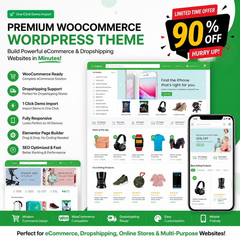 Pu&ograve; includere: Grafica promozionale per un tema WordPress WooCommerce premium. Il design presenta mockup di siti Web su un laptop e uno smartphone, mostrando esposizioni di prodotti. Il testo evidenzia funzionalit&agrave; come il supporto dropshipping e l'ottimizzazione SEO, con un'offerta a tempo limitato del 90% di sconto.