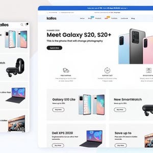 K&ouml;nnte beinhalten: Ein Website-Mockup, das eine mobile und Desktop-Ansicht zeigt. Die Website bewirbt Elektronik, darunter Smartphones, Smartwatches und Laptops. Das Design verf&uuml;gt &uuml;ber ein sauberes Layout mit Produktbildern und Handlungsaufforderungen.