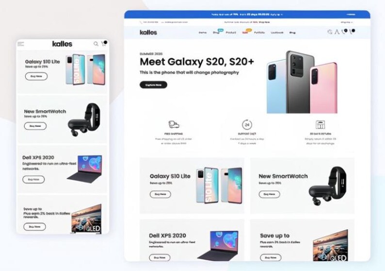 K&ouml;nnte beinhalten: Ein Website-Mockup, das eine mobile und Desktop-Ansicht zeigt. Die Website bewirbt Elektronik, darunter Smartphones, Smartwatches und Laptops. Das Design verf&uuml;gt &uuml;ber ein sauberes Layout mit Produktbildern und Handlungsaufforderungen.