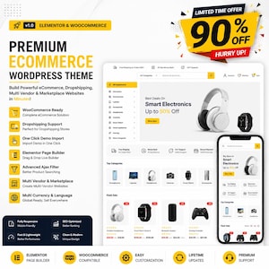 May include: A website design for an e-commerce WordPress theme. The design features a clean layout with sections for product categories, deals, and a mobile view. The theme includes features like WooCommerce compatibility and dropshipping support.