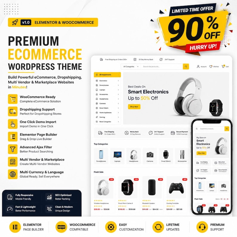 May include: A website design for an e-commerce WordPress theme. The design features a clean layout with sections for product categories, deals, and a mobile view. The theme includes features like WooCommerce compatibility and dropshipping support.