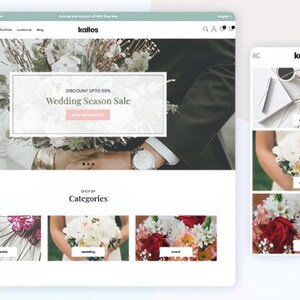 K&ouml;nnte beinhalten: Website- und mobile App-Oberfl&auml;che f&uuml;r einen E-Commerce-Shop zum Thema Hochzeit. Die Website zeigt ein Banner f&uuml;r einen Hochzeits-Saison-Sale. Die mobile App zeigt Produktkategorien mit Bildern von Blumenarrangements.
